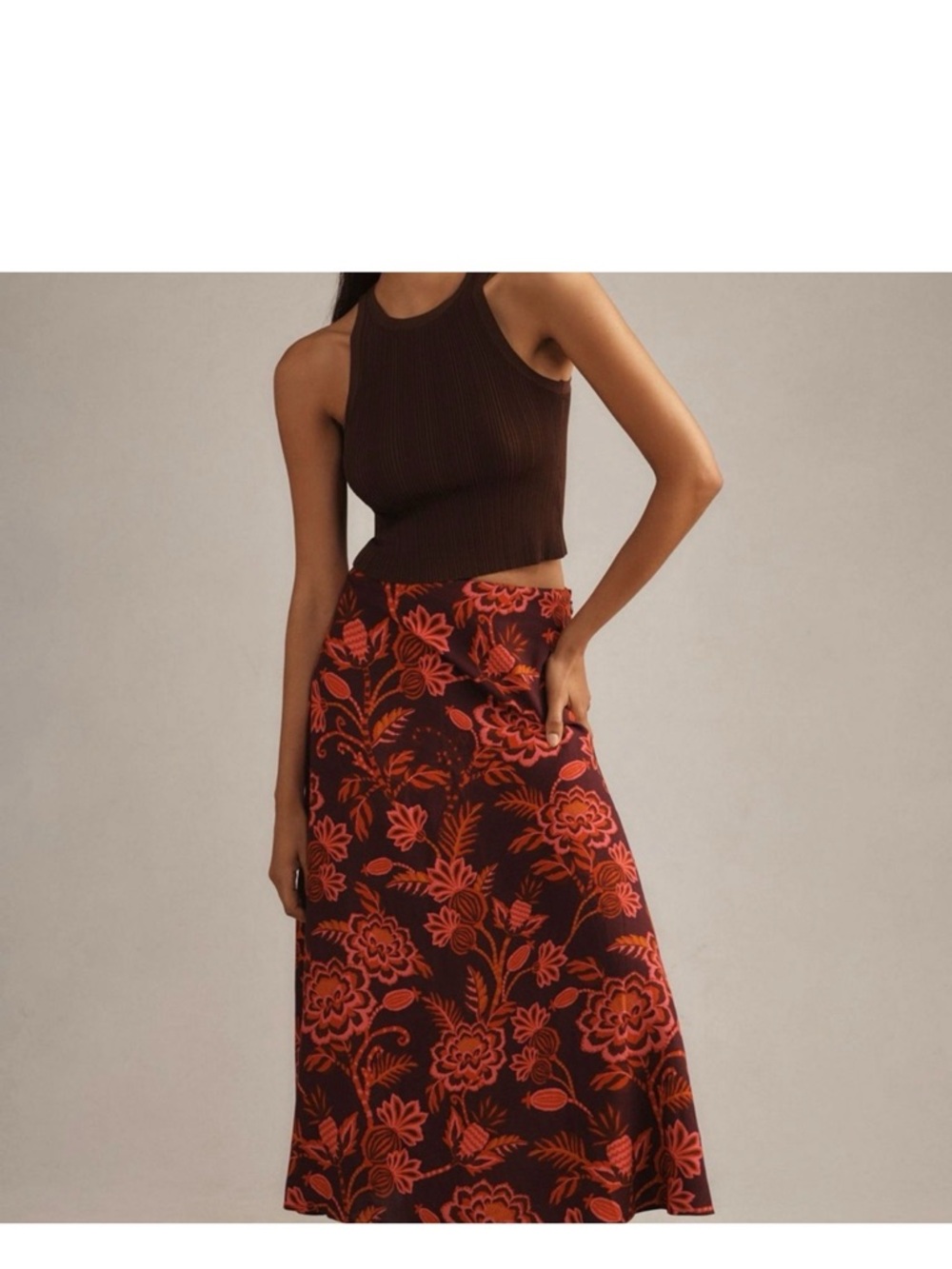 FARM Rio for Anthropologie Brown Midi Skirt with Red Floral Jacquard